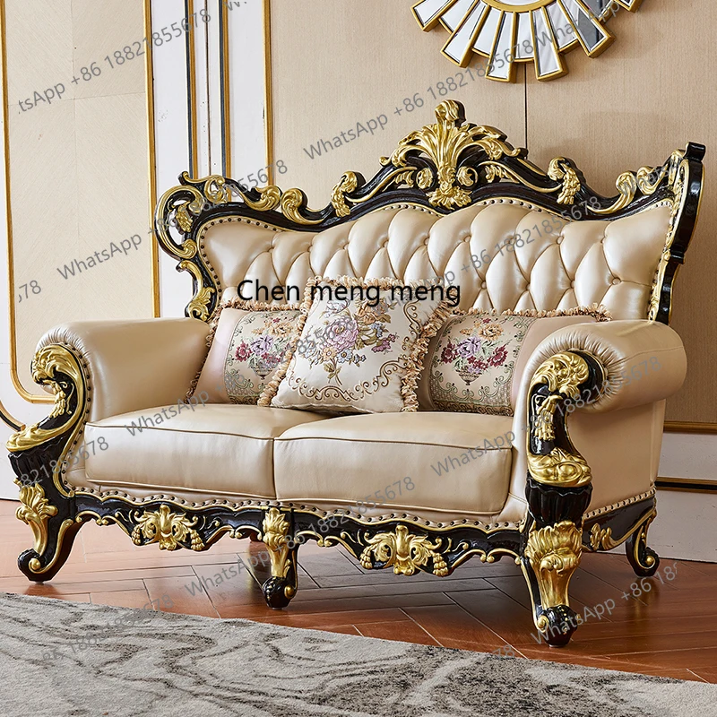 

European leather sofa combination 123 luxury cowhide neoclassical villa living room solid wood furniture customization