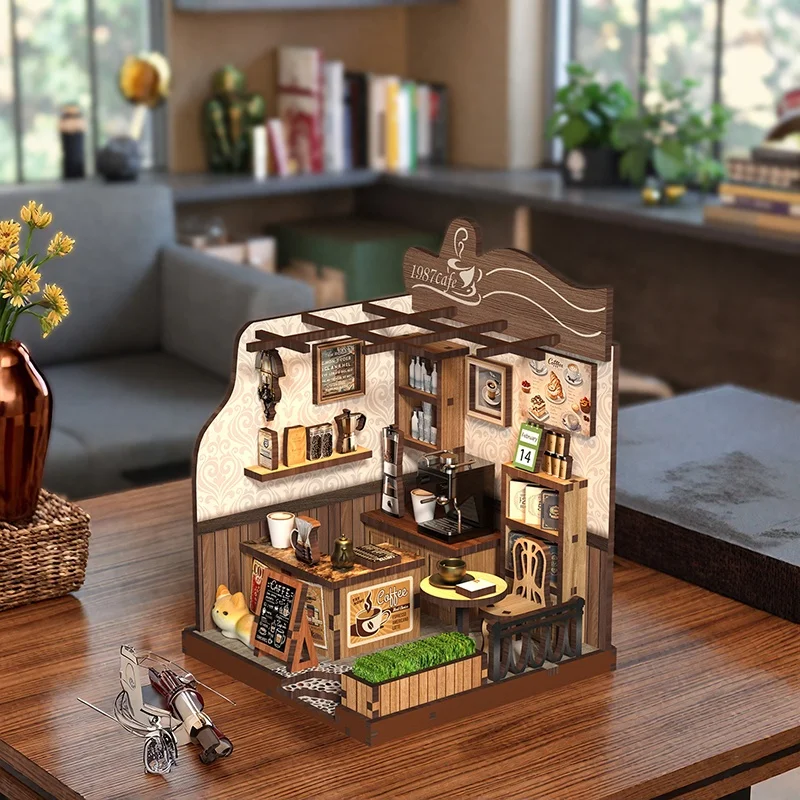 DIY Holz Miniatur Bausätze Café Cottage Puppenhäuser mit Möbeln Mini Casa Puppenhäuser für Freunde Geburtstagsgeschenk