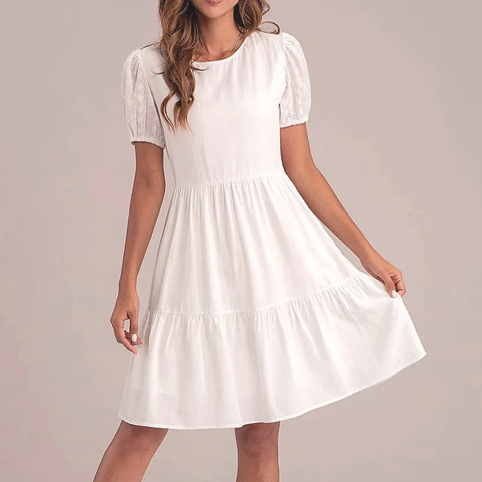

Summer new fresh dress round neck short sleeve waist dress mid skirt fashion simple luxury temperament elegant high-end resort s