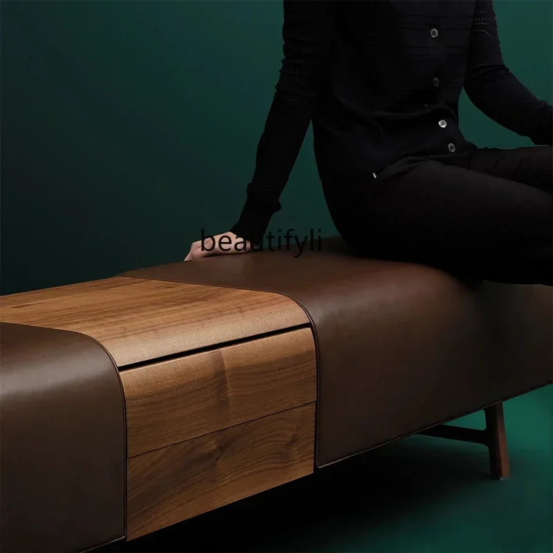 53 Light luxury sofa stool bedside stool walnut solid wood saddle leather storage shoe changing stool