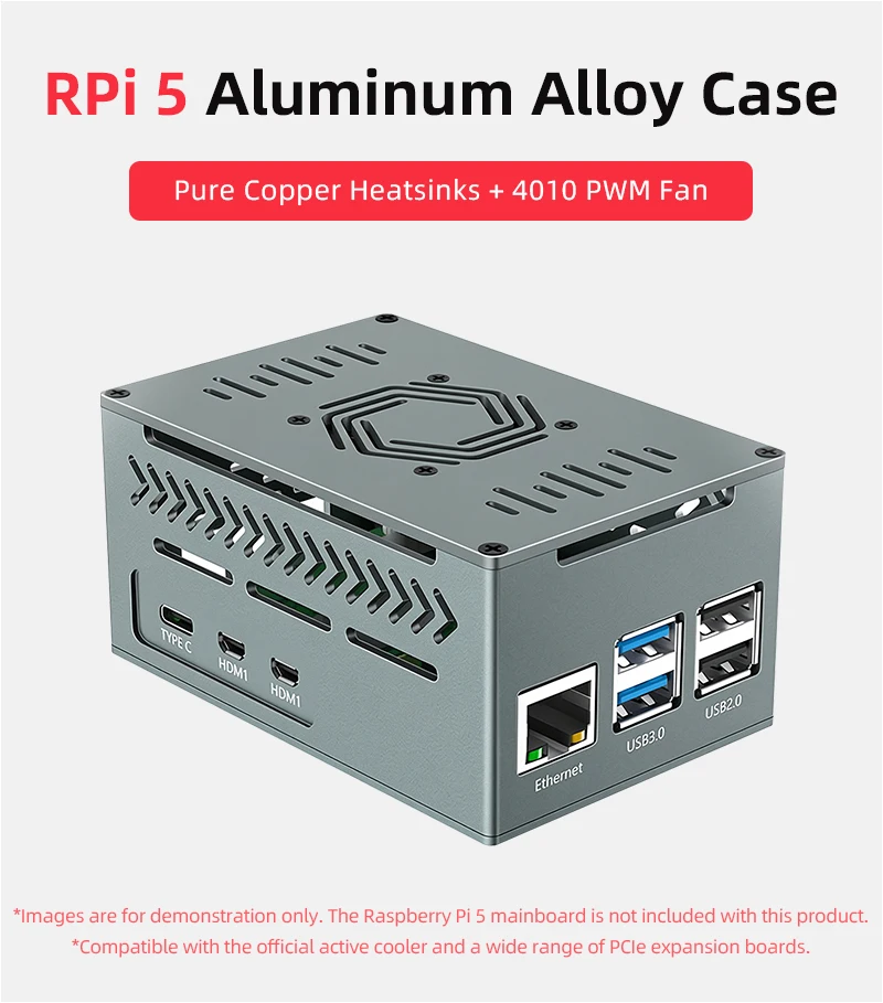 

Raspberry Pi 5 Aluminum Metal Case Active Cooler With Cooler PWM Fan Pure Copper Heatsink For Raspberry Pi 5