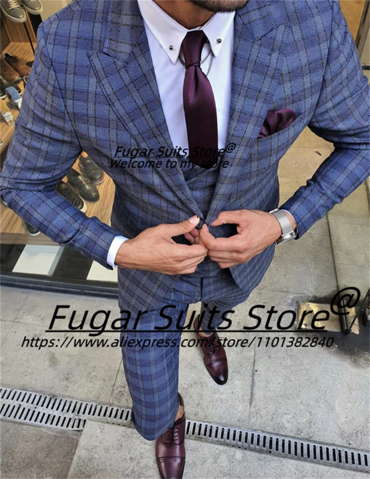 ltalian Style Classic Plaid Men Suits Slim Fit Peak Lapel Groom Party Tuxedos 3 Pieces Sets Business Male Blazers Ropa Hombre