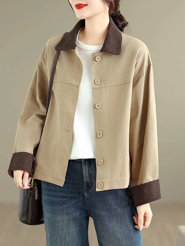 Retro Hong Kong Style Color Block Collar Jacket Women's Loose plus Size Slimming Casual Open Cardigan Top Trendy Cotton Blend