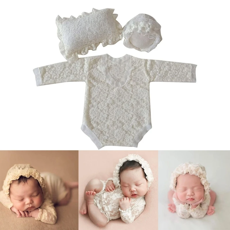 0-3Month Baby Newborn Photography Props Baby Hat Baby Girl Lace Romper Bodysuits Outfit Photography Clothing Photoshoot Outfit