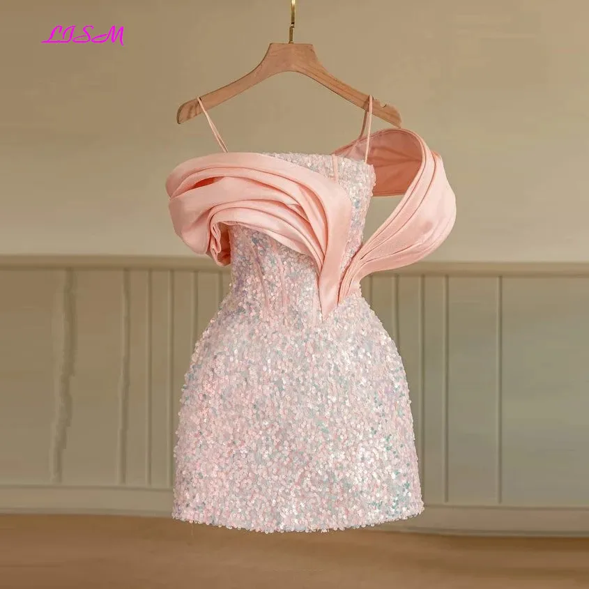 Robe de Rhcourte à paillettes scintillantes, mini robe de cocktail en cristal, robe de soirée de mariage rose unique, robes sur mesure