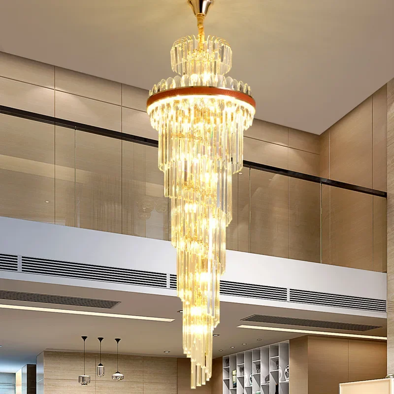 

Светодиодная люстра с длинным кристаллом, современный светильник, роскошная вилла, дуплекс, средний пол, гостиная, лестница, вращающееся освещение