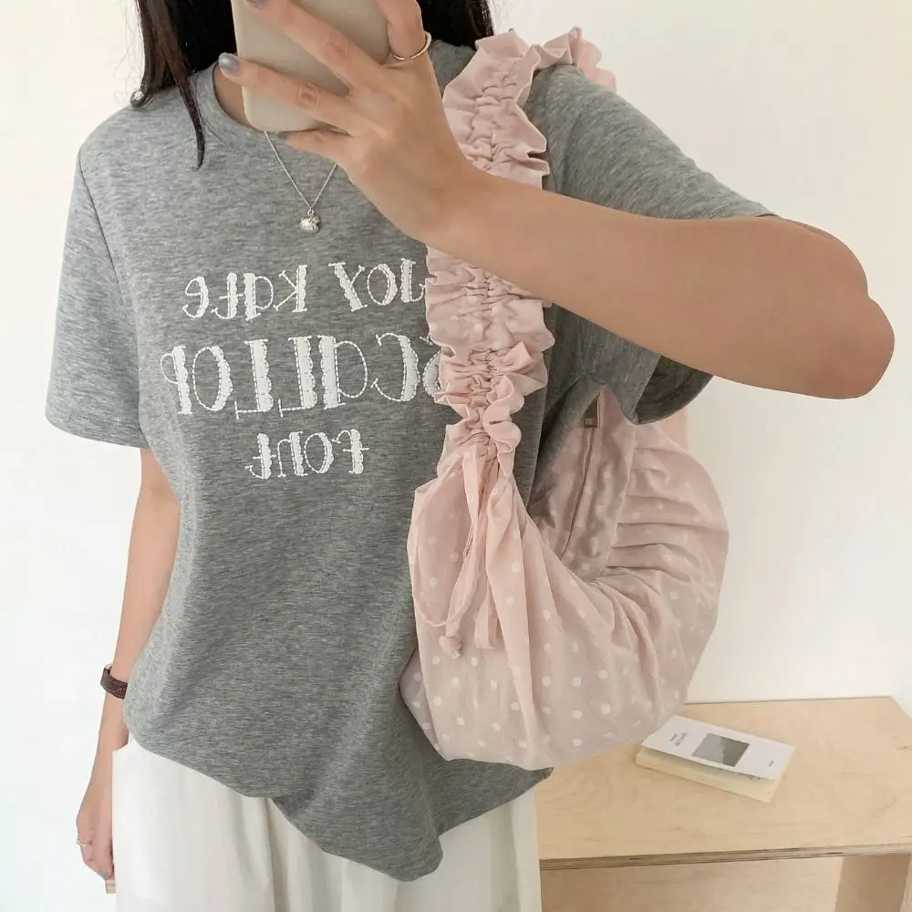 

Korean Style Drawstring Shoulder Bag Dumpling Bag Ballet Style Polka Dot Pleated Bag Lightweight Large Capacity