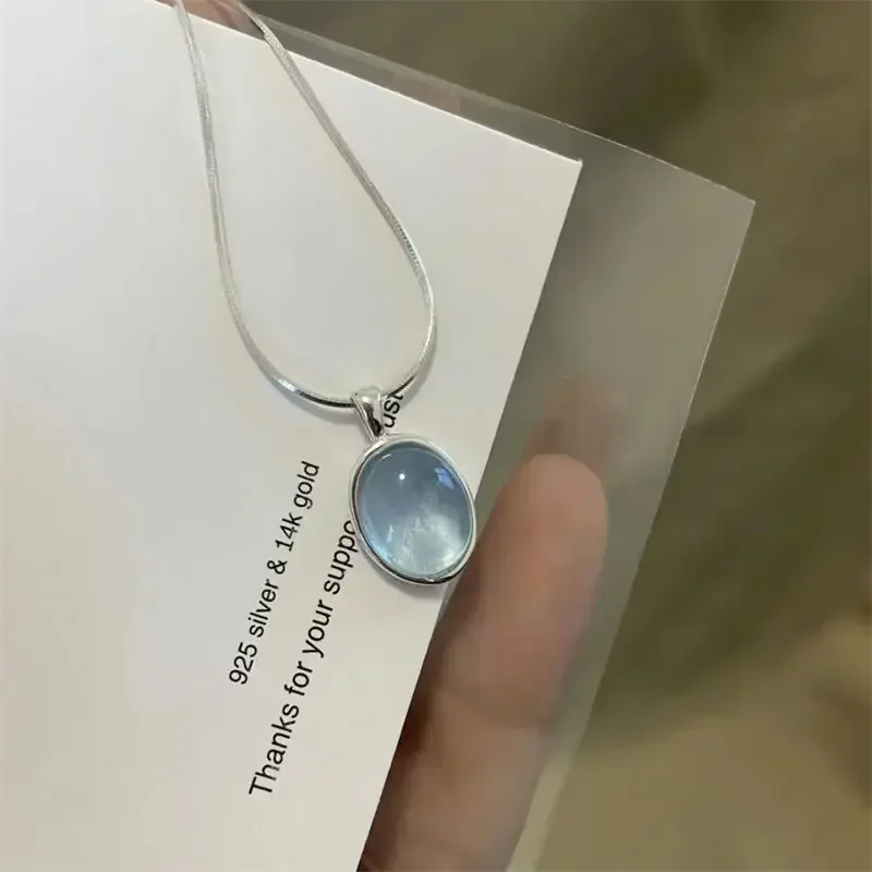 Silver Color Oval Aquamarine Pendant Necklace Ladies Girls Luxury Snake Chain Necklace Fashion Jewelry Gifts for Women 2025 New