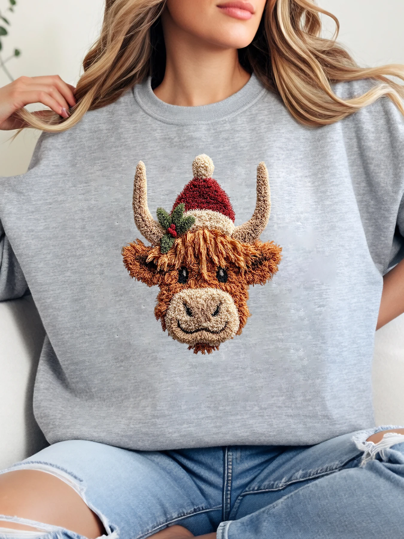 

Праздничный свитшот с рождественским принтом Highland Cow, женская повседневная зимняя одежда, серый, больших размеров