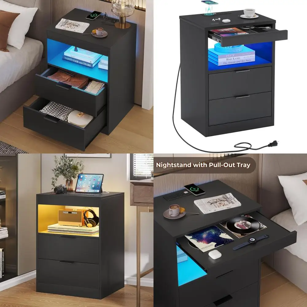 

Contemporary LED-lit Black Nightstand with Wireless Charging, 2 Drawers, and Pull-Out Shelf