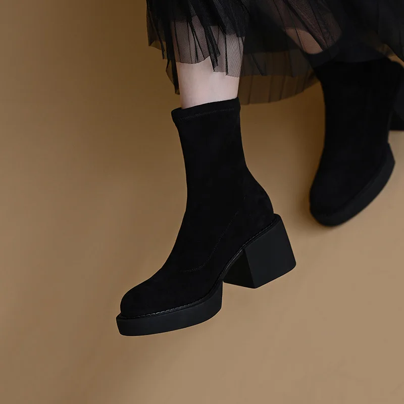 

Hot Sales Autumn and Winter Elastic Platform Sock Boots Thick Heel Skinny Boots High Heel Round Head Suede Ankle Boots for Women