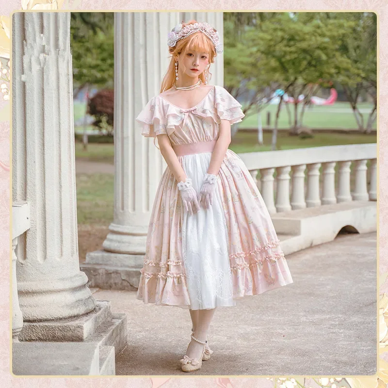 Vestido Lolita JSK para mulheres, coelho e poema de amor, doce lindo vestido francês, OP Cosplay, vestidos de mangas curtas para meninas, gótico