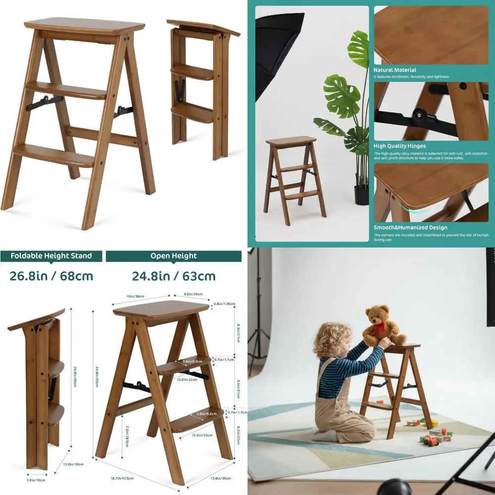 سلم خشبي قابل للطي لدعائم التصوير الفوتوغرافي - الحمولة القصوى 300 رطل، مقعد خشبي قوي ثلاثي الخطوات لاستخدام التصوير الفوتوغرافي #1