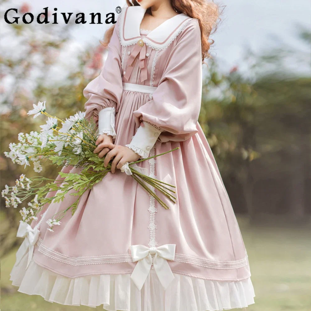 Autumn Winter Lolita Princess Blue Dress Rabbit Ears Long Sleeve OP Dresses Birthday Dress for Women