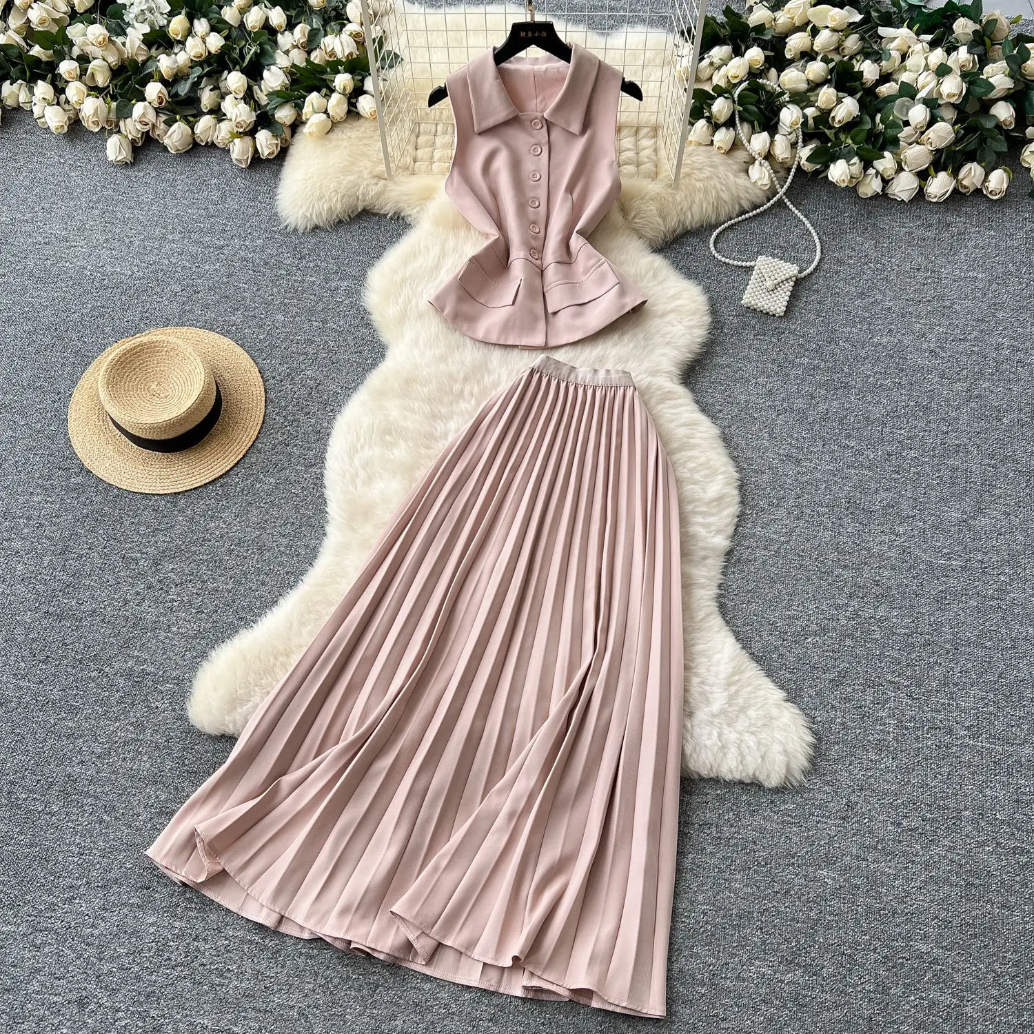 

Two Piece Sets Women Skirt Set Sleeveless Y2k Streetwear Elegant Tops Long Skirts Pleated Dress Sets High Waist Matching Sets