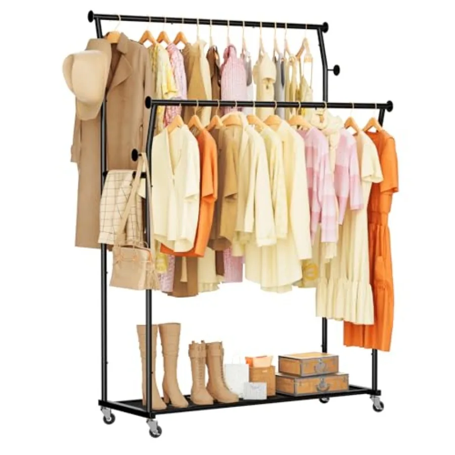 

Double Rods Clothes Rack Rolling Clothing Rack for Hanging Clothes with HooksandMesh Shelf Portable Wardrobe Rack Metal Coat Ra