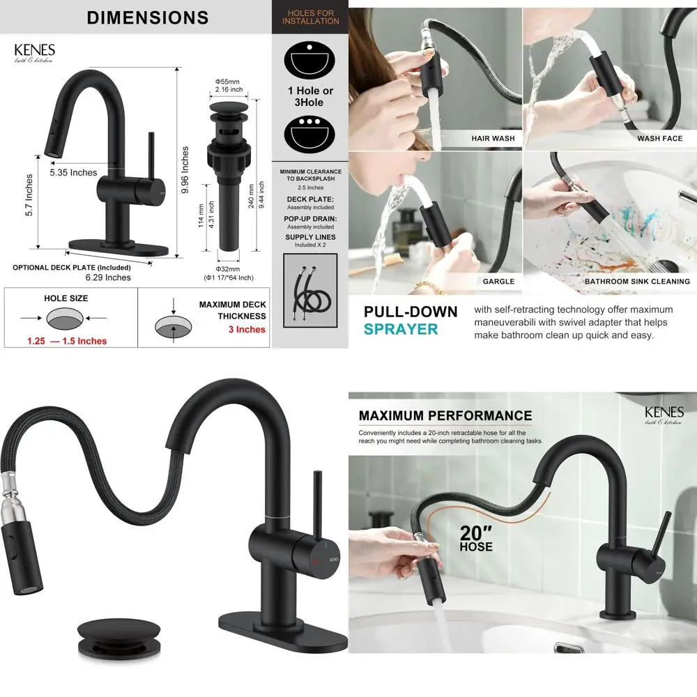 

Matte Black Single Handle Bathroom Faucet with Pull-Out Sprayer, Vanity Sink Mixer Tap with Pop-Up Drain and Deck Plate, KE-9065