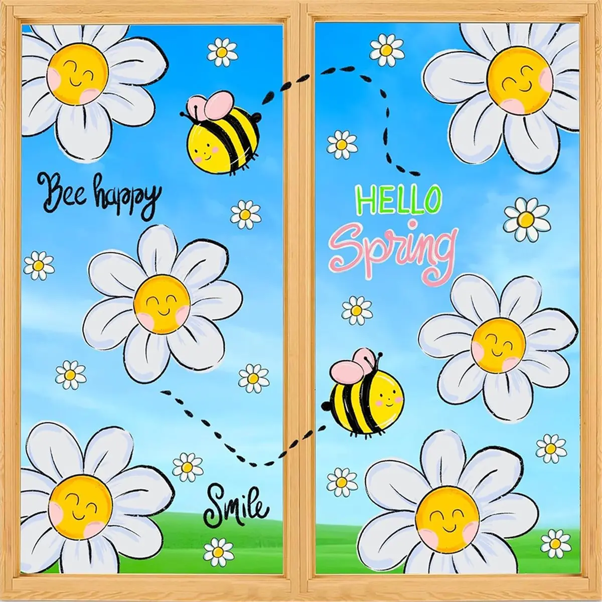 Light Weight Spring Daisy Window Clings: Large Hello Spring Stickers with Bee Happy Designs for Glass Decor