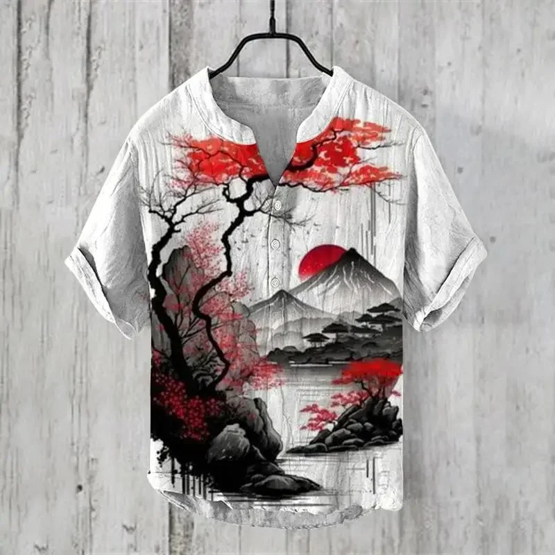 

2024 Cross border Foreign Trade Summer New 3D Digital Printed Men's Short sleeved Shirts Comfortable Linen