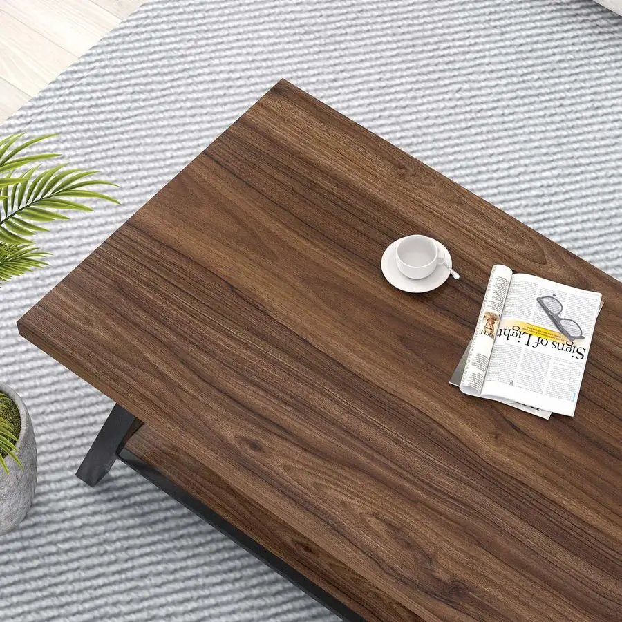 Modern Coffee Table, Industrial Living Room Center Table with Storage Shelf, Rectangle Wood and Metal Cocktail Tea  Customizable