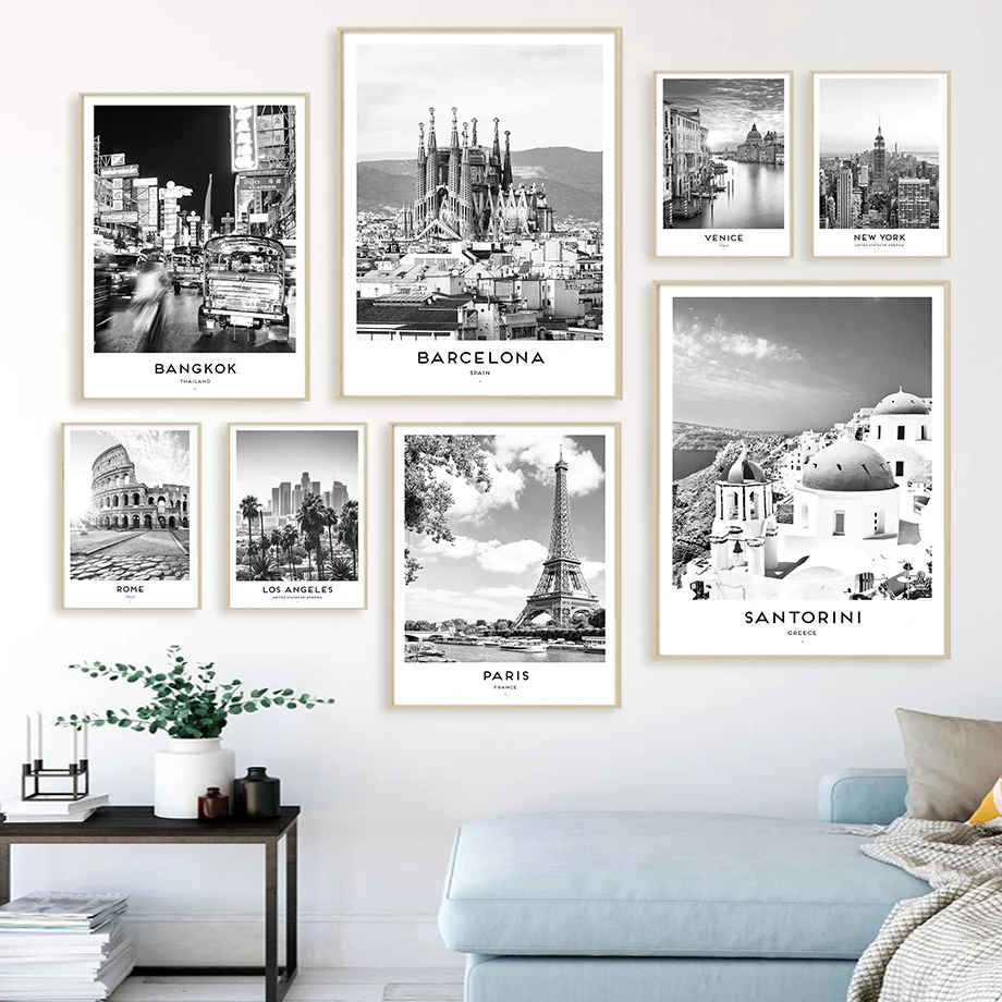 Santorini Barcelona Las Vegas LA París Nueva York cuadro sobre lienzo para pared póster nórdico e imágenes impresas para decoración