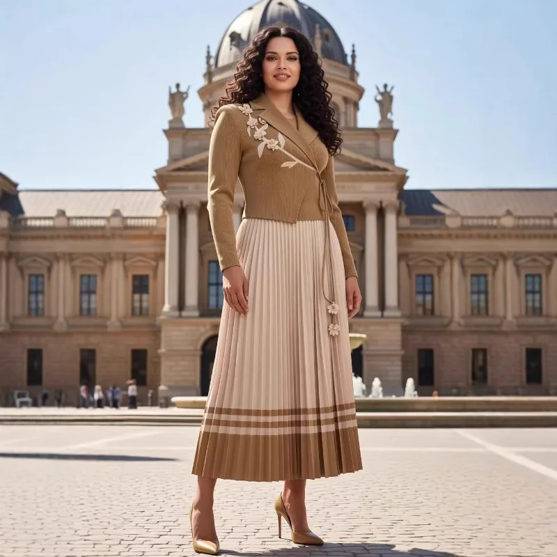 

Африканское плиссированное платье больших размеров 2026 Miyake Europe: Новая модная модель с контрастными цветами, эластичным поясом и завязками, элегантная длинная юбка