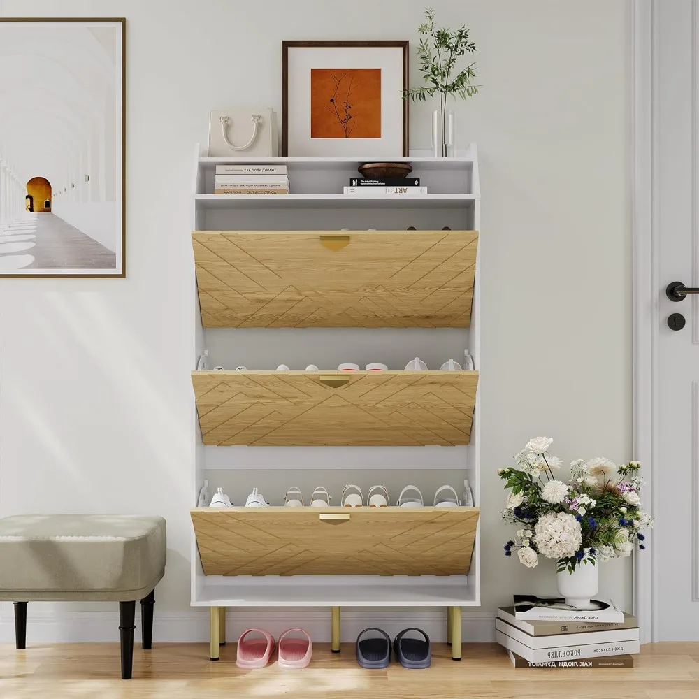 Adjustable Wood Shoe Cabinet with 3 Tilt Drawers for Entryway Storage