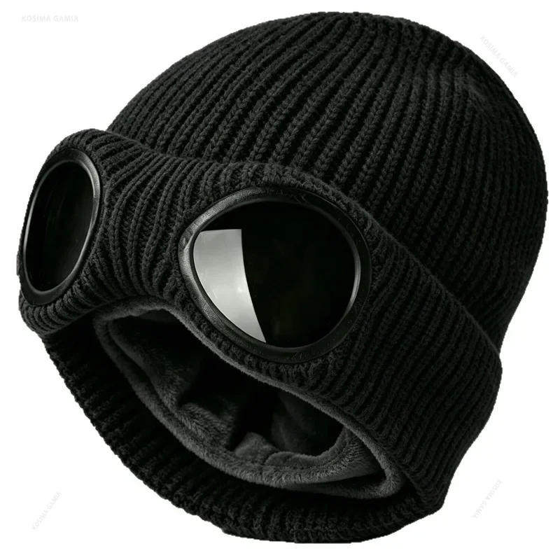 Winter Knitted Beanie Hat with Goggles for Men Women Windproof Warm Soft Anti-slip Ear Protection Outdoor Ski Snow Winter Hat