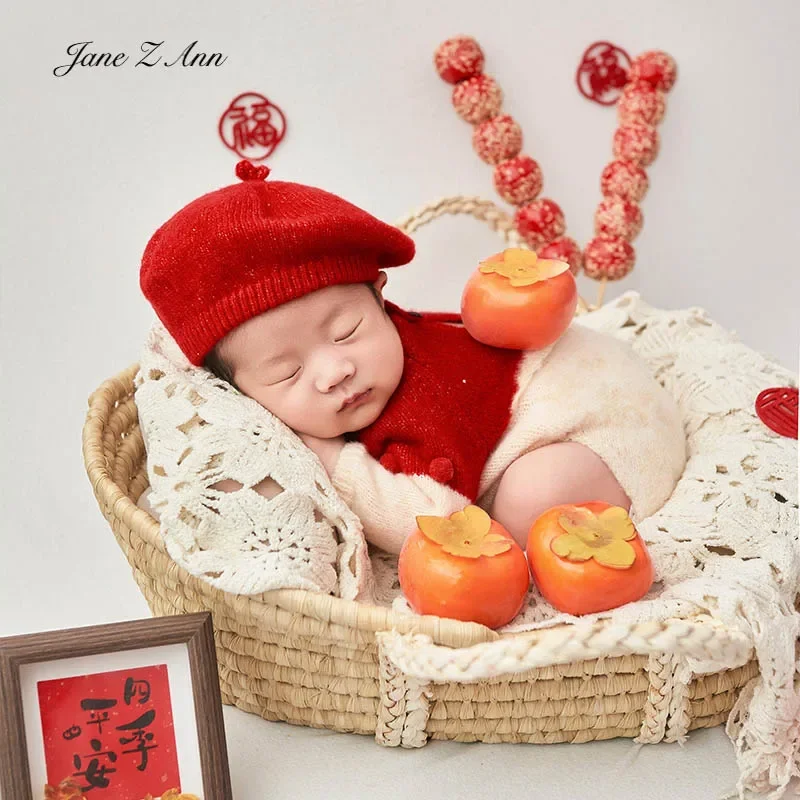 New Year Newborn Baby Photo Shoot Props Outfits Crochet Clothes Red Hat dot  bodysuit socks Photography Props