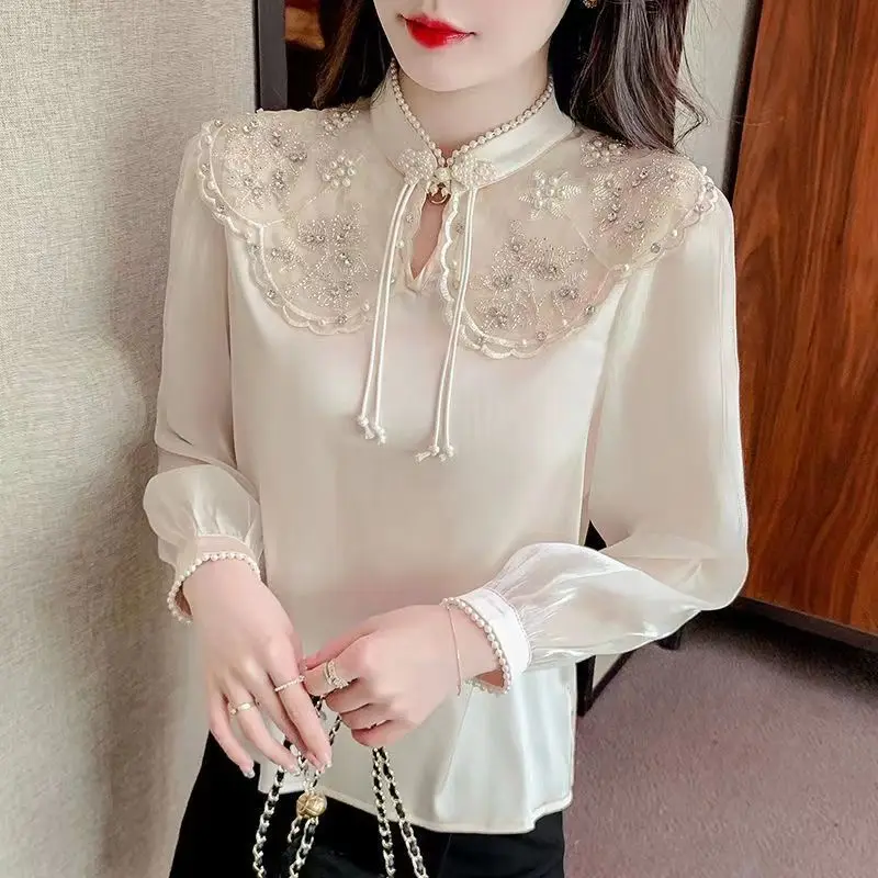 2023 chinese style vintage cheongsam blouse women elegant vintage top lace ol retro qipao blouse women long sleeve elegant top