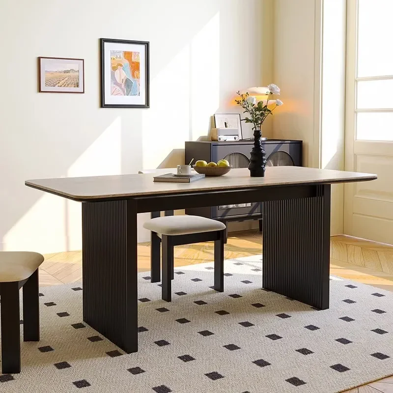 Retro French Style Travertine and Solid Wood Dining Table and Chair Set Medieval Rectangular Kitchen Furniture