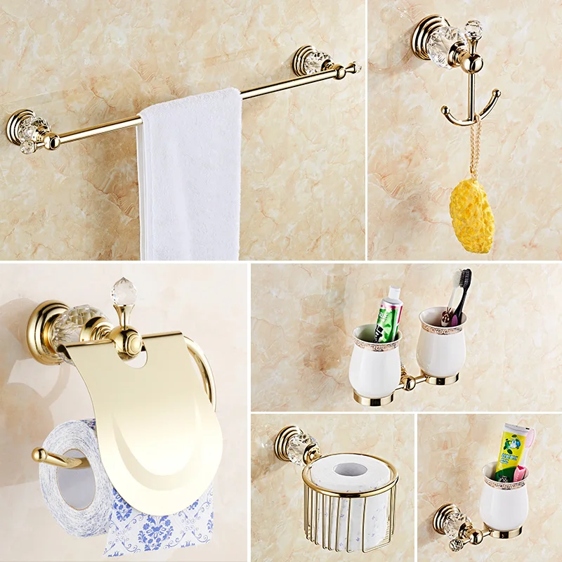 Gold Finish Crystal Decoration Metal Bathroom Accessories Set Robe Hook Cup Brush Holder Towel Holders Soap Dish Paper Rack ML70