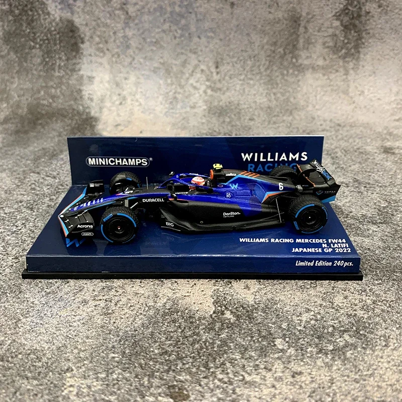 1:43 Williams F1 FW44 2022 Japão Latifi modelo de simulação de resina fundida, coleção de brinquedos infantis, presentes de feriado para amigos