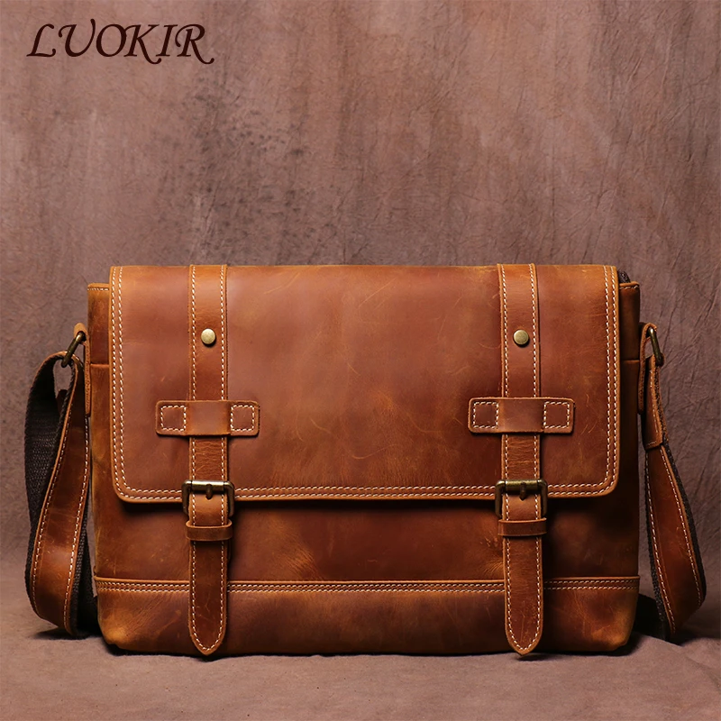 LUOKIR Vintage Messenger Bag Men\'s Genuine Leather Crossbody Bag Crazy Horse Leather Shoulder Bag Street Biker Bag A4 Book Bag