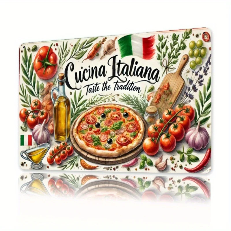 لوحة فنية جدارية من Cucina الإيطالية - لافتة ألومنيوم نابضة بالحياة مع البيتزا والطماطم والأعشاب - مثالية لديكور المنزل والمقهى والهدايا