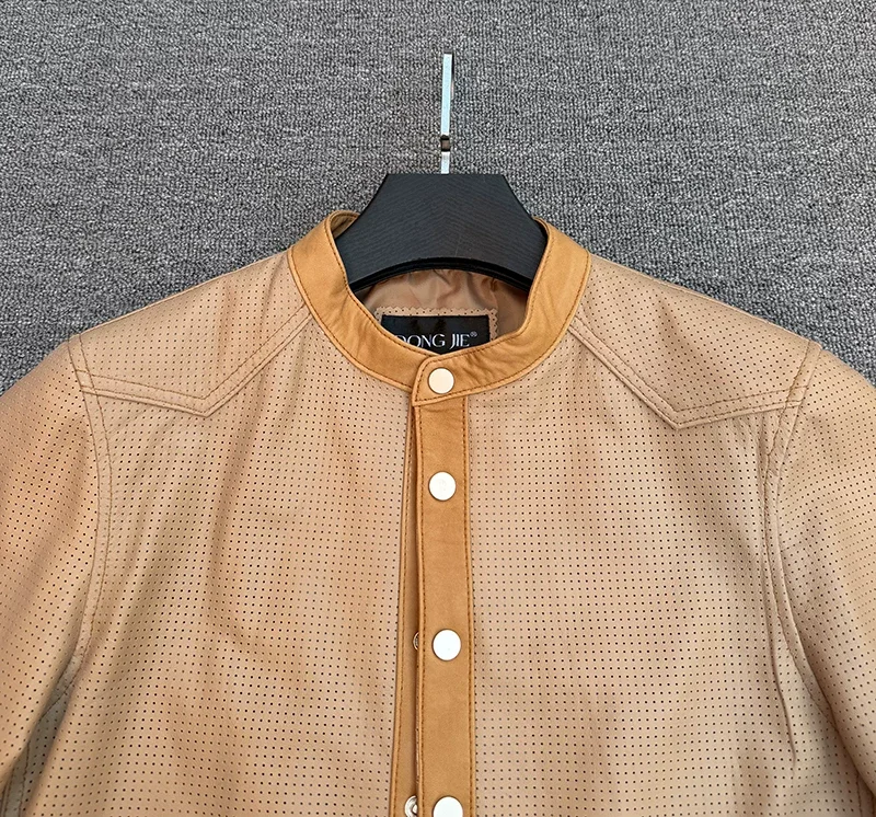 Breathable perforated first-layer sheepskin leather jacket men's shirt stand-up collar shirt leather jacket motorcycle pure leat