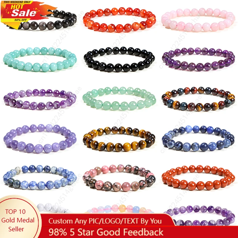 

JD Natural Stone Beads Bracelet Amethyst Tiger Eye Crystal Quartz Agate Gem Beads Bangles Women Men Reiki Healling Jewelry Gift