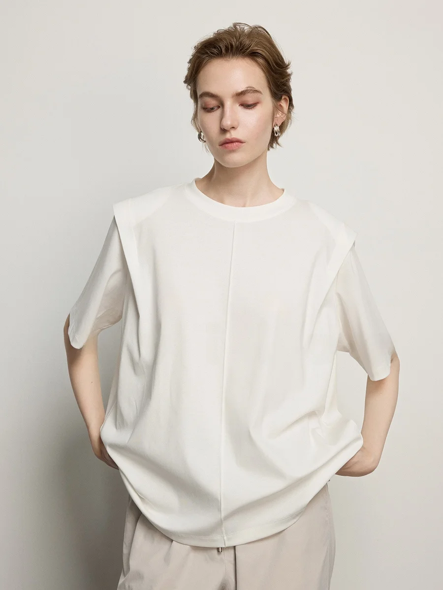 

Spring Summer New Women's Loose Versatile Base irt ort Sve Cotton T-irt Faionable oulder Pad Casual Comfortable