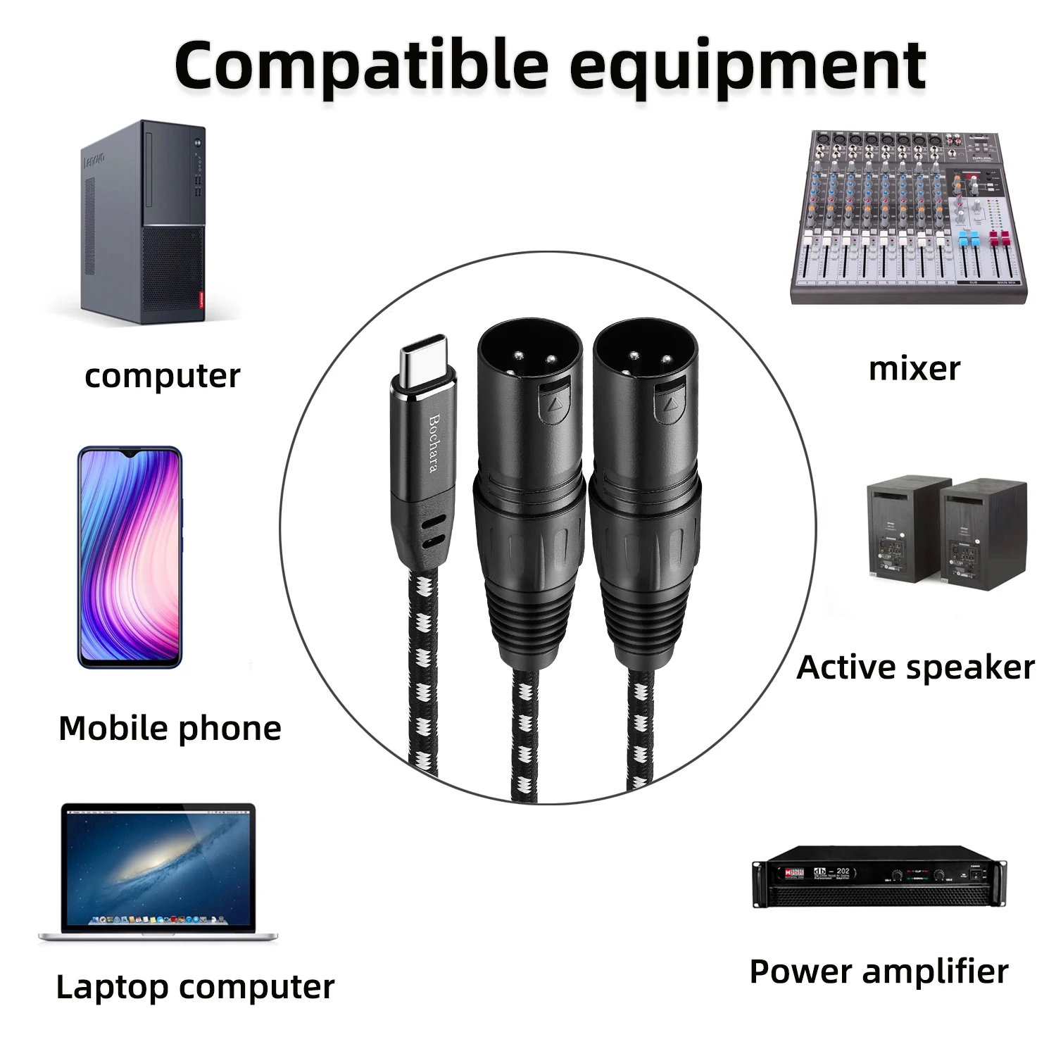 Bochara Type C to Dual XLR Male OFC Audio Cable Built in Chipset Foil+Braided Shielded For Speakers Amplifier Mixer