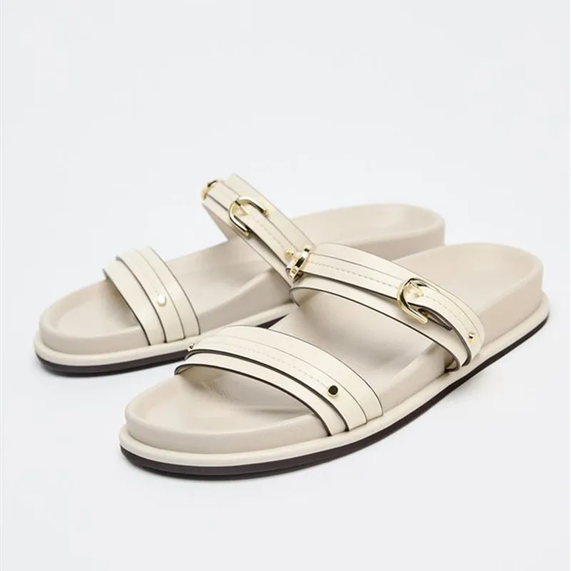 

Luxury Metal Buckle Decoration Flat Slippers Women Fashion White Soft Leather Designer Shoe Sexy Open Toe Non-slip Beach Sandals