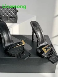 Square Toe Thin High Heel Slippers For Female Women 2025 Luxury Design Metal Buckle Design Fashion Sexy Luxury All-match Shoes