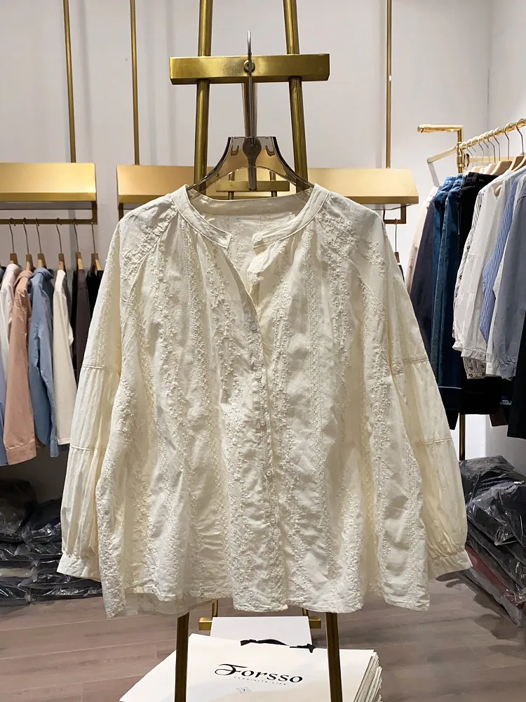 

New Stylish Women's Spring Shirt Lantern Sleeve Loose Slimming Top Heavy Embroidery Round Neck Korean Gentle Style