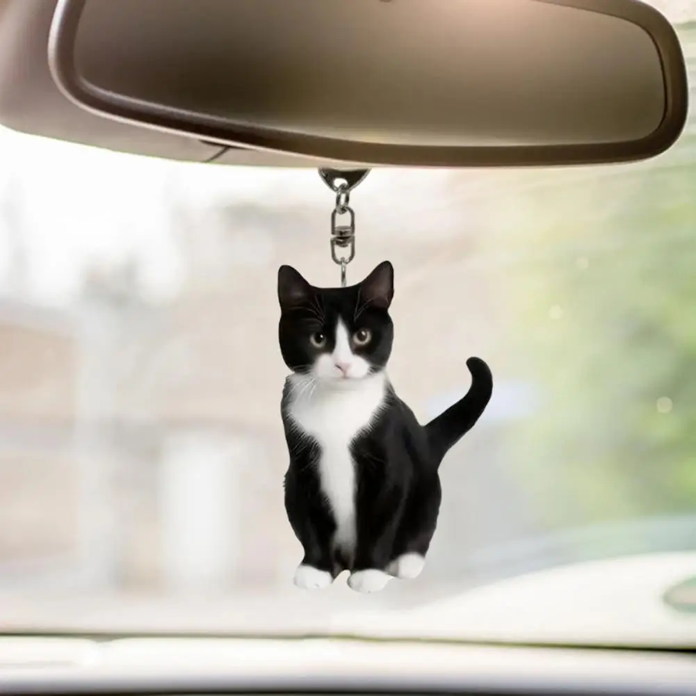 Acrylic Cat Key Chains Kitten Car Rearview Mirror Pendant Car Purse Bag Rings Pendant Cat Key Ornament for Car Interior Accessor