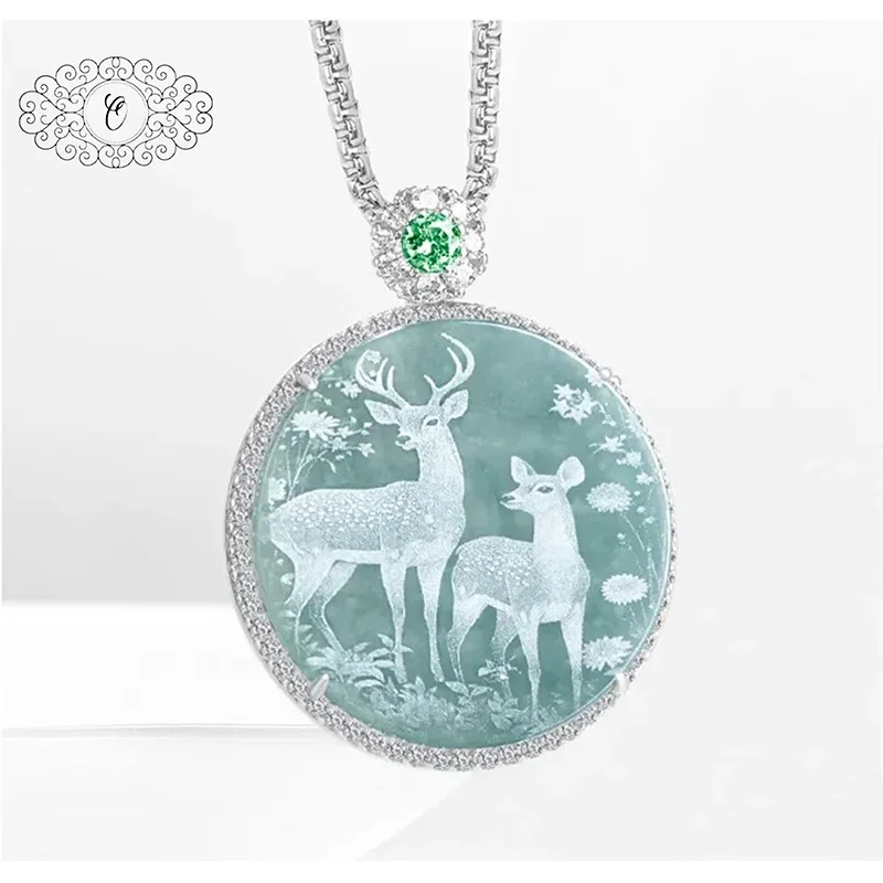 

Art Of Shadow-Carving: Blue Water Jade Pendant Featuring Two Deer, Adorned With a Luminous Diamond Frame