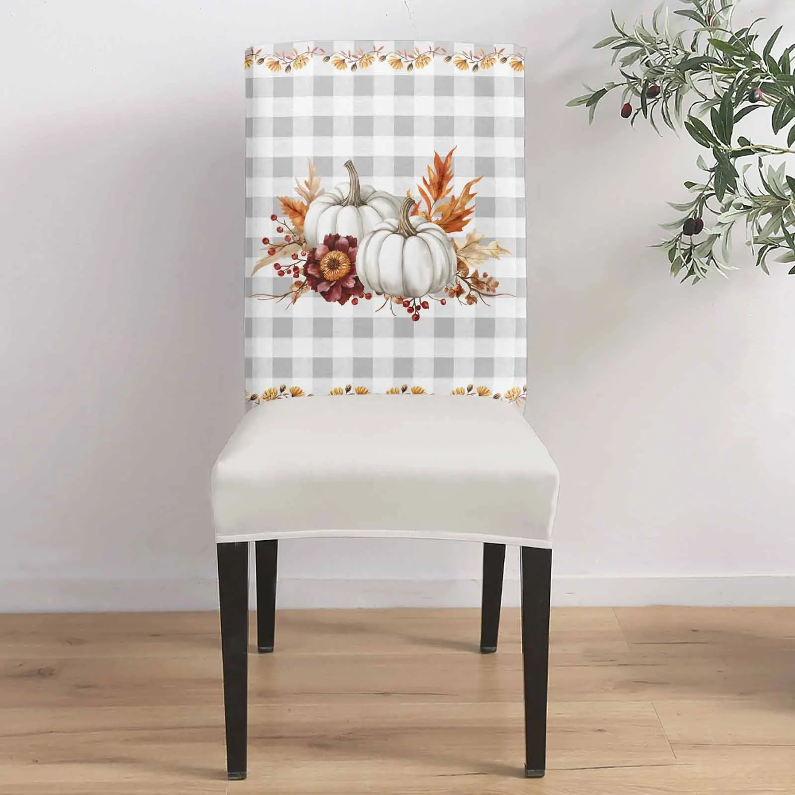 

Grey Plaid White Pumpkin Wreath 4/6/8PCS Spandex Elastic Chair Case For Wedding Hotel Banquet Dining Room
