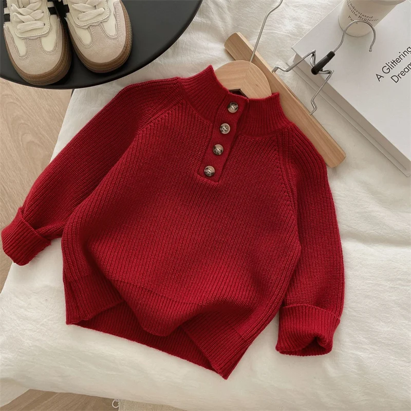 

Boys Woolen Sweater Crochet Cotton Windbreak 2024 Red Thicken Autumn Winter Christmas Gift Warm Children's Clothing