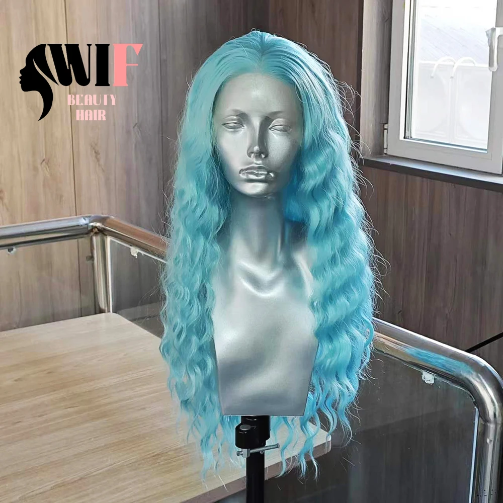 WIF Loose Wave Light Blue Colored Synthetic Lace Front Wig Long Wavy Cosplay Use Heat Fiber Lace Front Wigs Women Makeup Wear