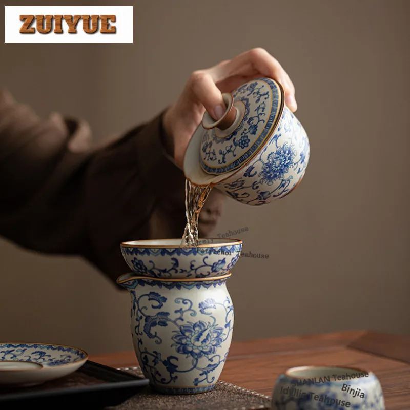 210ml Ru Kiln Interlock Branch Lotus Decoration Gaiwan Creative Tea Tureen Tea Bowl With Lid Kit Tea Making Cover Bowl Drinkware