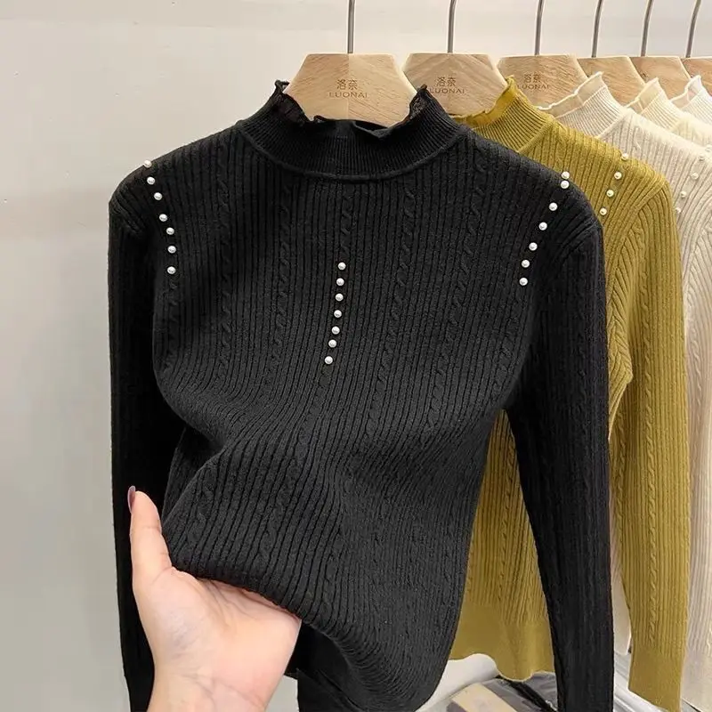 Solid Sweater Women Half Turtleneck Knitted Pullovers Harajuku Korean Thick Lace Knitwear Autumn Winter Fashion Slim Jumpers