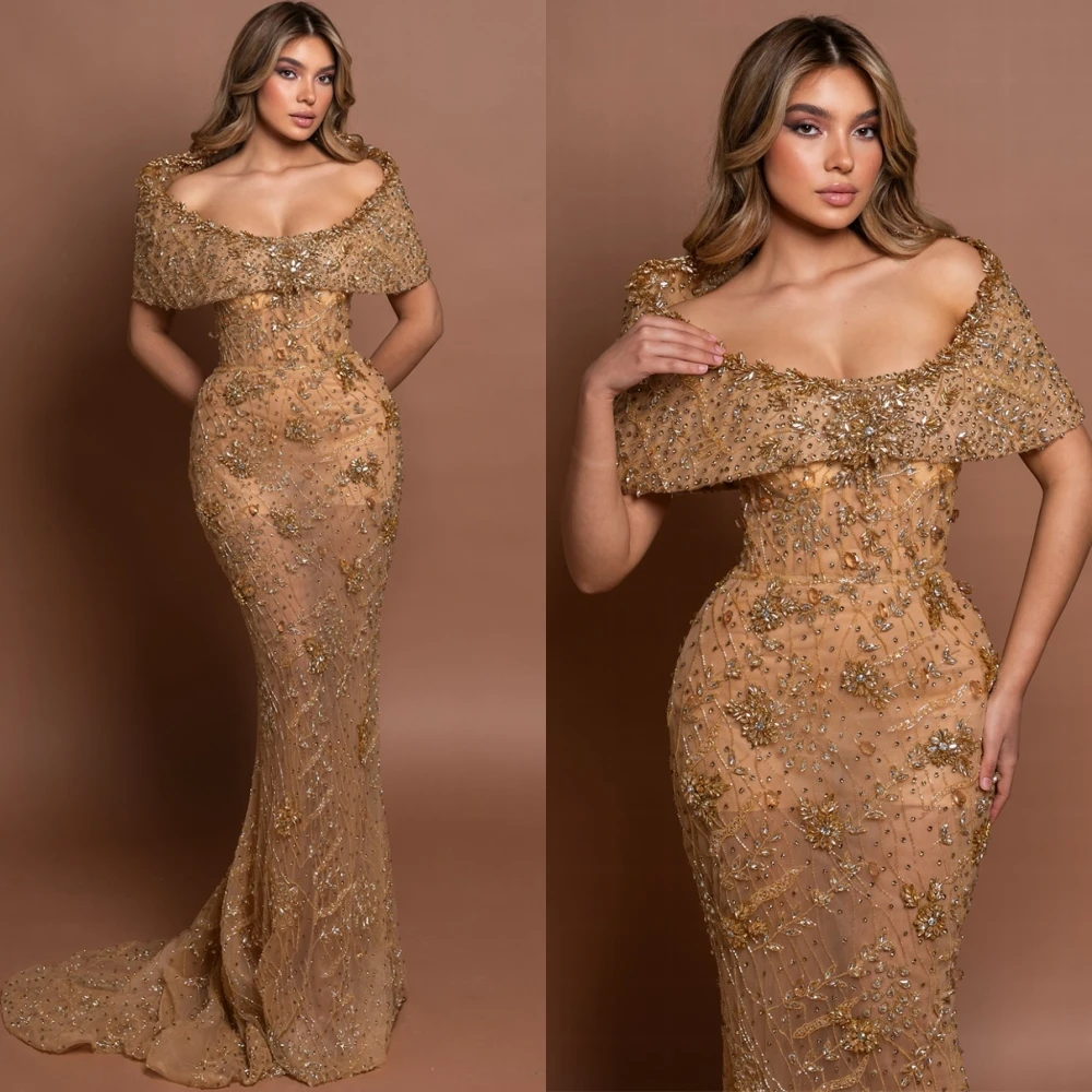 

Customized Exquisite Chiffon Scoop Evening Dress Simple Off the Shoulder Prom Dresses Delicate Crystal Special Occasion Gowns